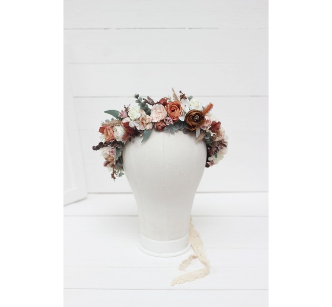 beige terracotta white blush pink flower crown. Hair wreath. Flower girl crown. Wedding flowers. 0027