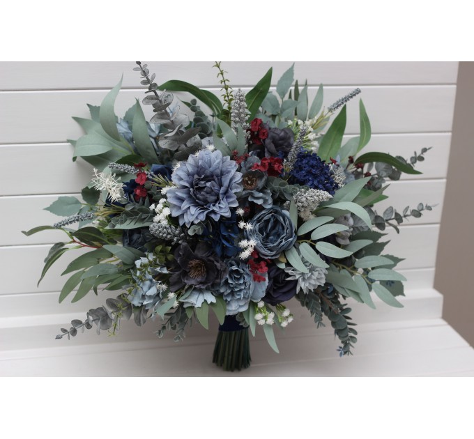 Navy Blue, Dusty Blue, Burgundy & Sage Green Wedding Bouquets | Faux Bridal & Bridesmaid Flowers