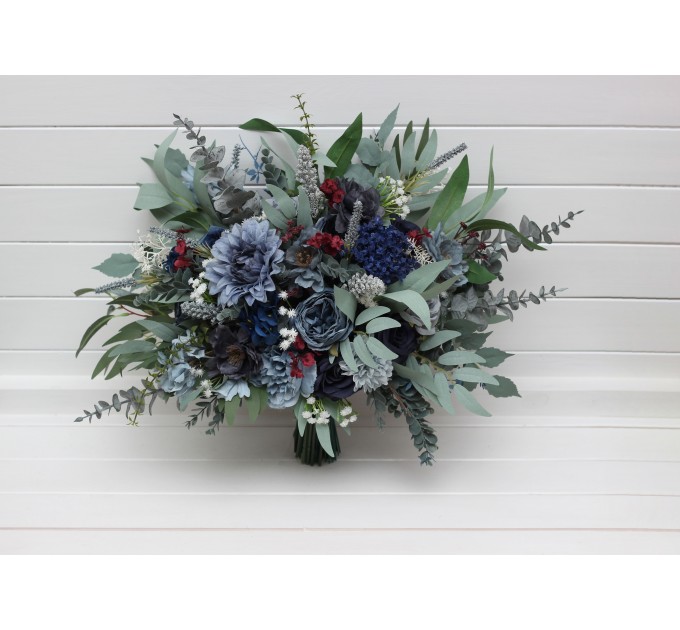 Navy Blue, Dusty Blue, Burgundy & Sage Green Wedding Bouquets | Faux Bridal & Bridesmaid Flowers
