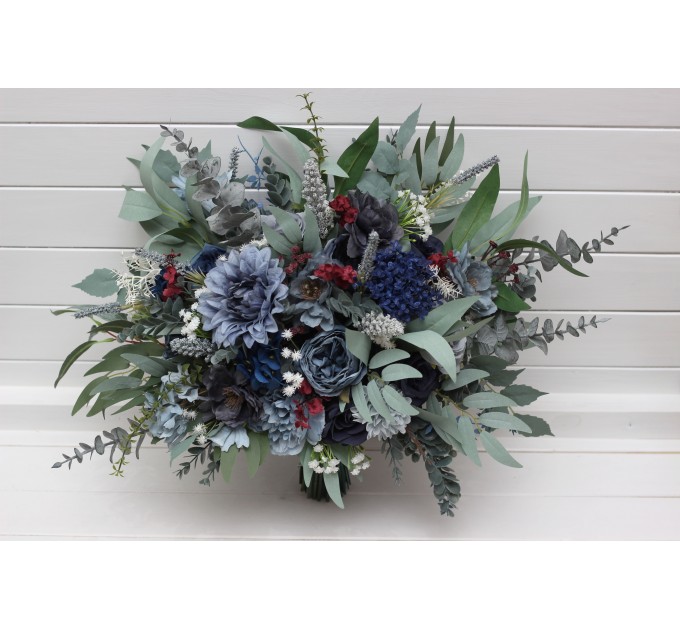 Navy Blue, Dusty Blue, Burgundy & Sage Green Wedding Bouquets | Faux Bridal & Bridesmaid Flowers