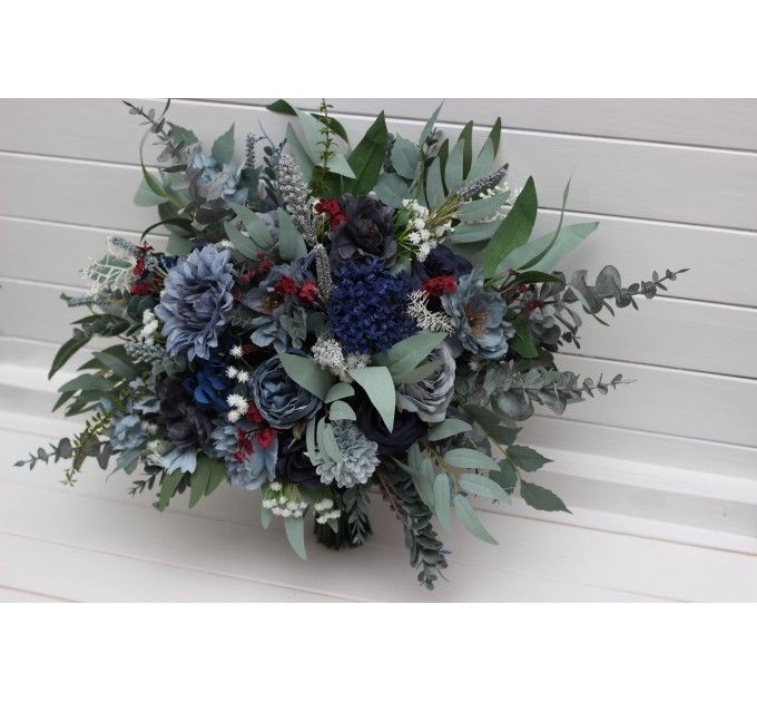 Navy Blue, Dusty Blue, Burgundy & Sage Green Wedding Bouquets | Faux Bridal & Bridesmaid Flowers