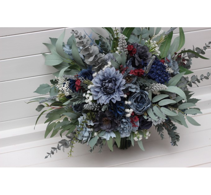 Navy Blue, Dusty Blue, Burgundy & Sage Green Wedding Bouquets | Faux Bridal & Bridesmaid Flowers