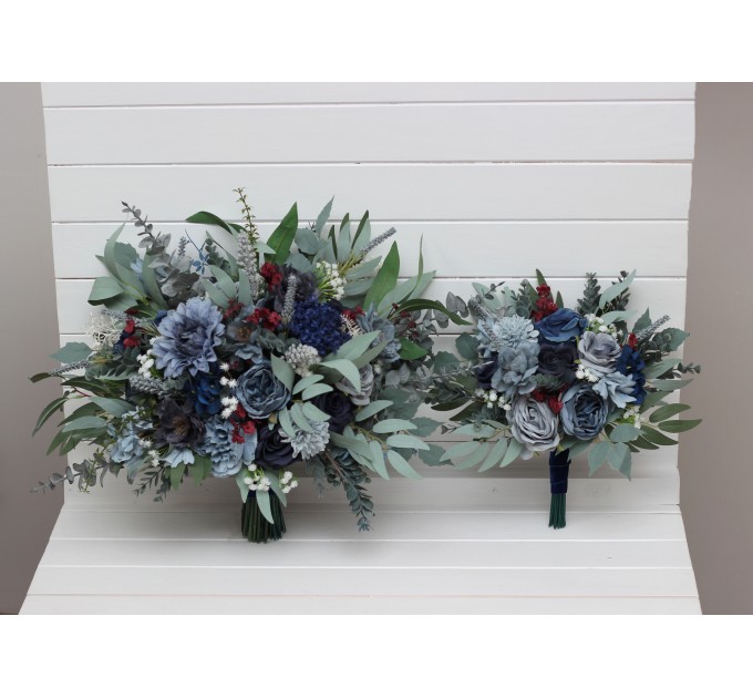 Navy Blue, Dusty Blue, Burgundy & Sage Green Wedding Bouquets | Faux Bridal & Bridesmaid Flowers