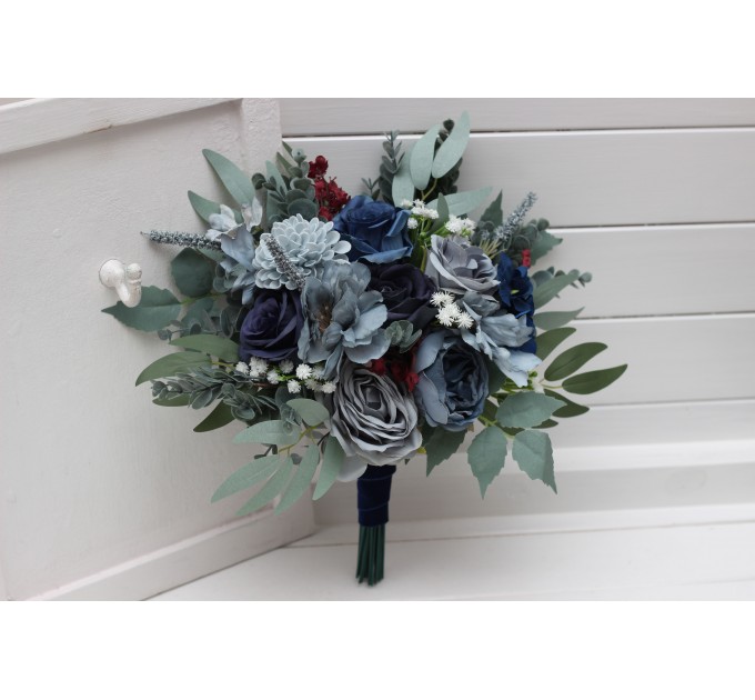 Navy Blue, Dusty Blue, Burgundy & Sage Green Wedding Bouquets | Faux Bridal & Bridesmaid Flowers