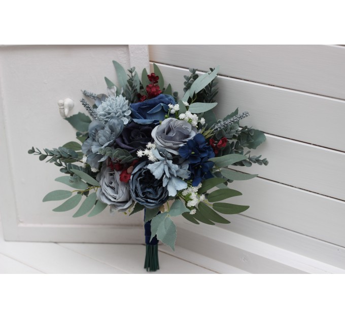 Navy Blue, Dusty Blue, Burgundy & Sage Green Wedding Bouquets | Faux Bridal & Bridesmaid Flowers