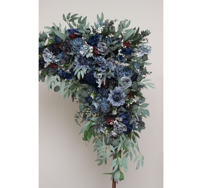 Flower Arch Arrangement in Navy Blue, Dusty Blue, Burgundy & Sage Green | Faux Floral Archway for Wedding