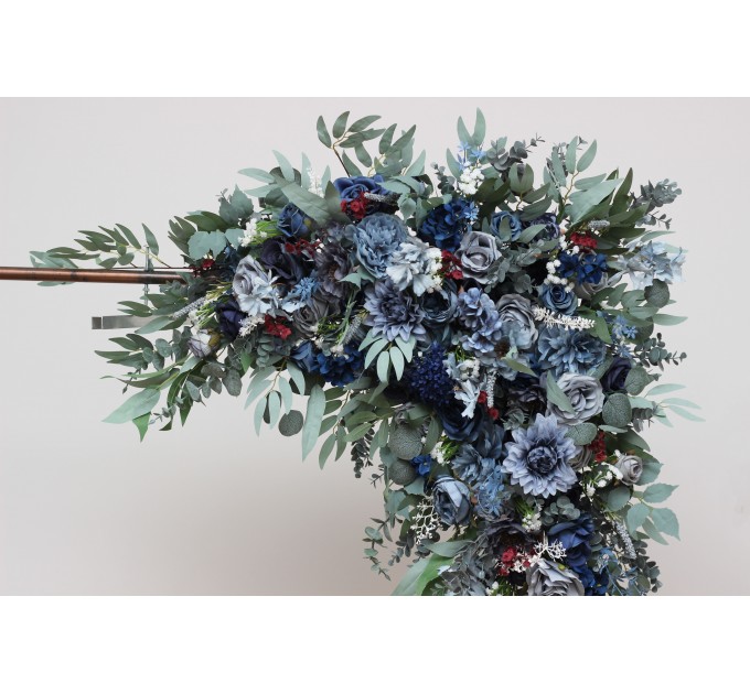 Flower Arch Arrangement in Navy Blue, Dusty Blue, Burgundy & Sage Green | Faux Floral Archway for Wedding