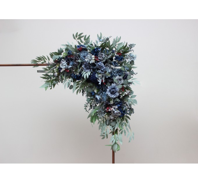 Flower Arch Arrangement in Navy Blue, Dusty Blue, Burgundy & Sage Green | Faux Floral Archway for Wedding