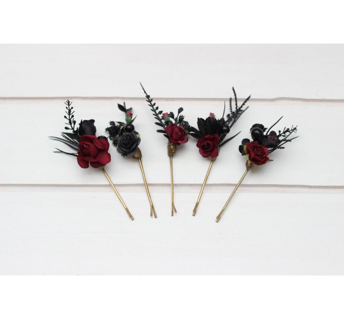 Set of 5 bobby pins in black-burgundy color scheme. Hair accessories. Flower accessories for wedding. 5325
