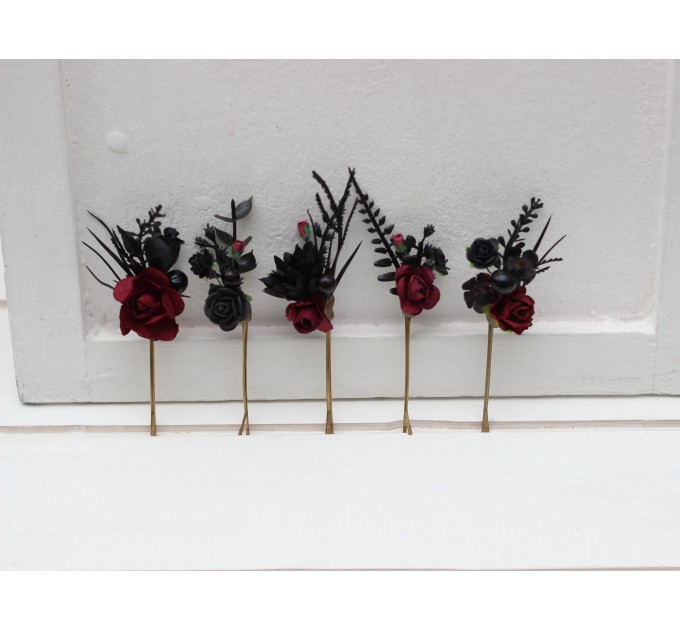 Set of 5 bobby pins in black-burgundy color scheme. Hair accessories. Flower accessories for wedding. 5325