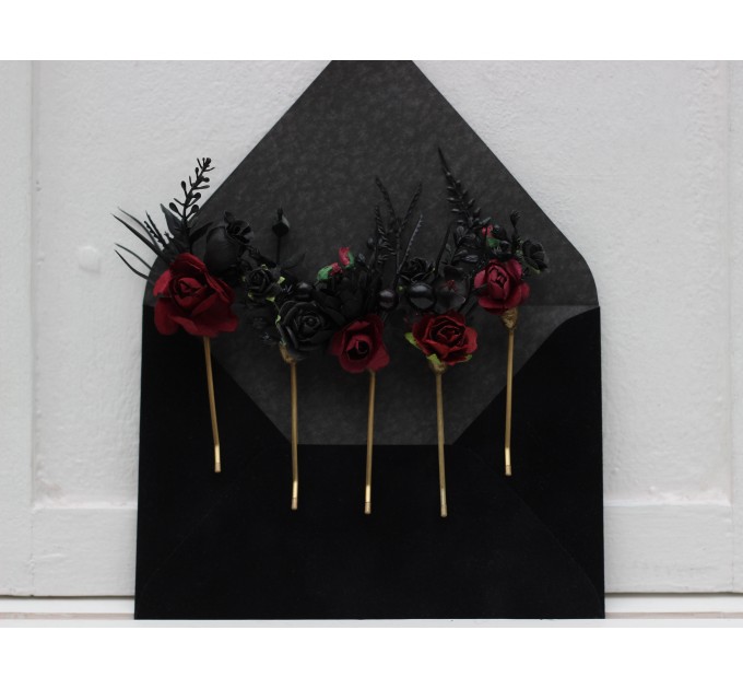 Set of 5 bobby pins in black-burgundy color scheme. Hair accessories. Flower accessories for wedding. 5325