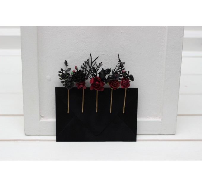 Set of 5 bobby pins in black-burgundy color scheme. Hair accessories. Flower accessories for wedding. 5325