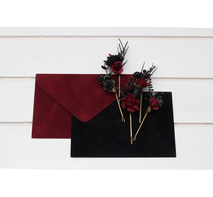 Set of 5 bobby pins in black-burgundy color scheme. Hair accessories. Flower accessories for wedding. 5325