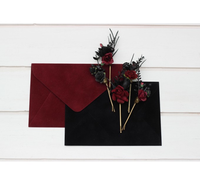 Set of 5 bobby pins in black-burgundy color scheme. Hair accessories. Flower accessories for wedding. 5325