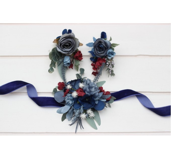 Wedding boutonnieres and wrist corsage in navy blue dusty blue burgundy sage green color scheme. Flower accessories. 5332