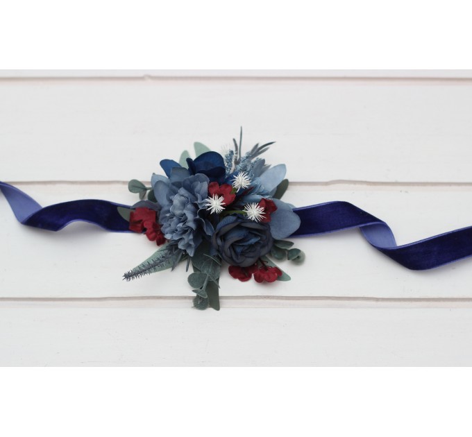 Wedding boutonnieres and wrist corsage in navy blue dusty blue burgundy sage green color scheme. Flower accessories. 5332