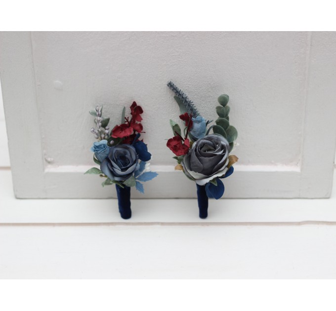 Wedding boutonnieres and wrist corsage in navy blue dusty blue burgundy sage green color scheme. Flower accessories. 5332