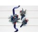 Wedding boutonnieres and wrist corsage in navy blue dusty blue burgundy sage green color scheme. Flower accessories. 5332