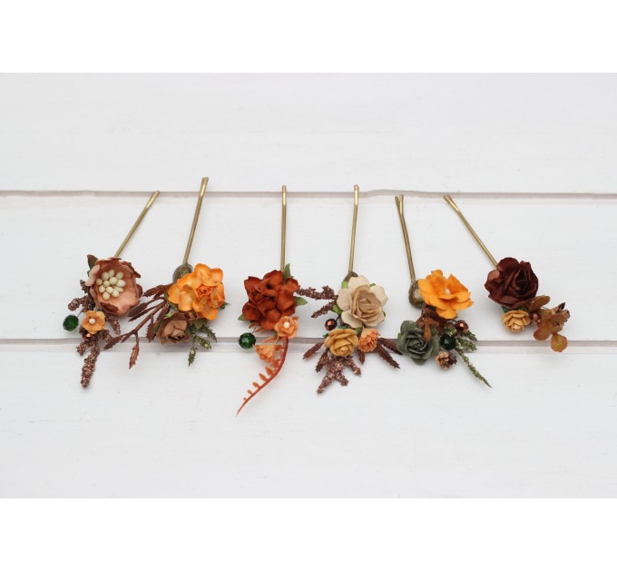 Set of 6 bobby pins in terracotta rust orange color scheme. Hair accessories. Flower accessories for wedding. 5331