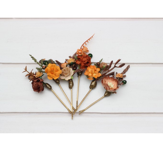 Set of 6 bobby pins in terracotta rust orange color scheme. Hair accessories. Flower accessories for wedding. 5331