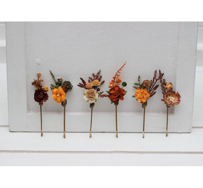 Set of 6 bobby pins in terracotta rust orange color scheme. Hair accessories. Flower accessories for wedding. 5331