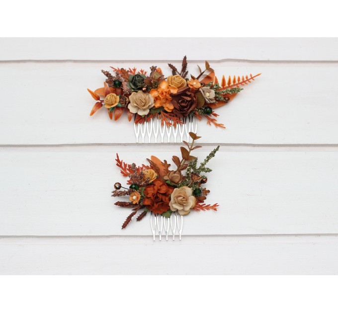 Flower comb in terracotta rust orange color scheme. Wedding accessories for hair. Bridal flower comb. Bridesmaid floral comb. 5331