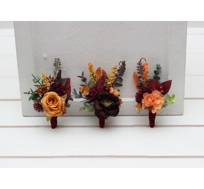 Wedding Boutonnieres & Wrist Corsage in Rust, Burgundy, Cinnamon & Orange | Faux Flower Accessories