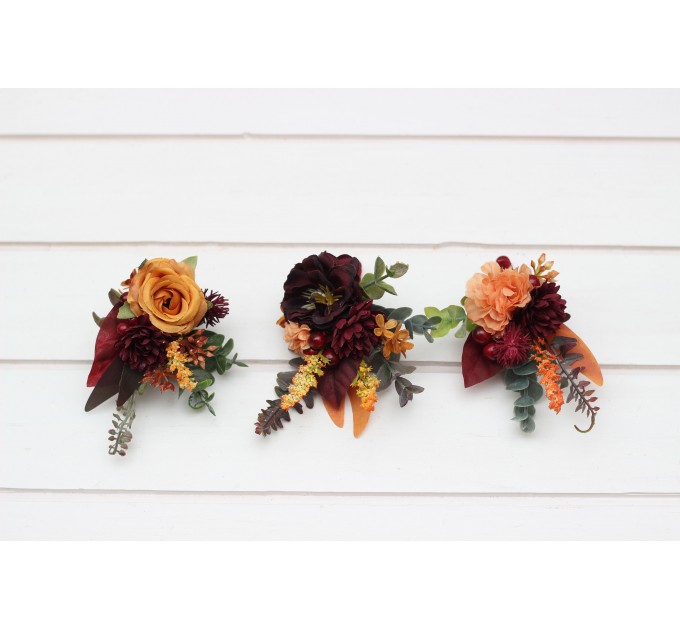 Wedding Boutonnieres & Wrist Corsage in Rust, Burgundy, Cinnamon & Orange | Faux Flower Accessories