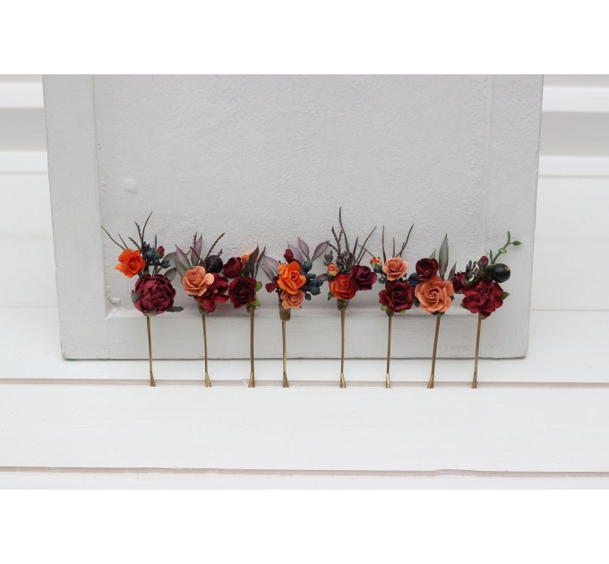 Set of 8 bobby pins in burgundy peach blue color scheme. Hair accessories. Flower accessories for wedding. 5077