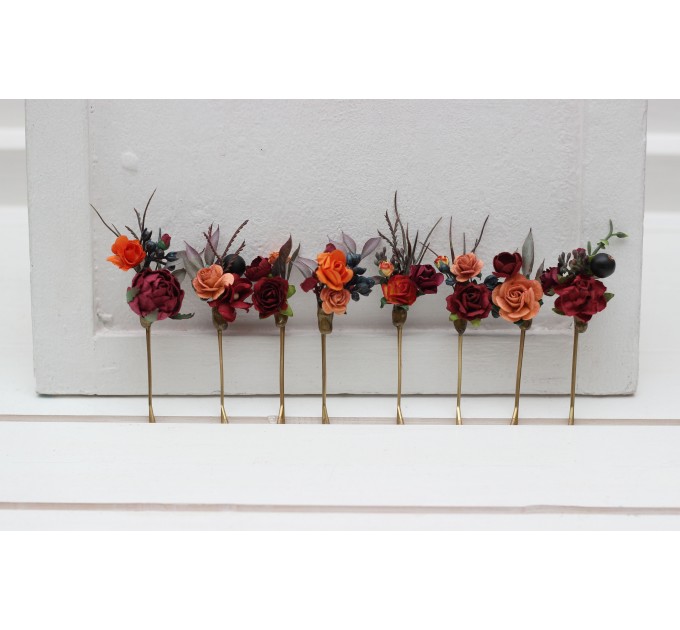 Set of 8 bobby pins in burgundy peach blue color scheme. Hair accessories. Flower accessories for wedding. 5077