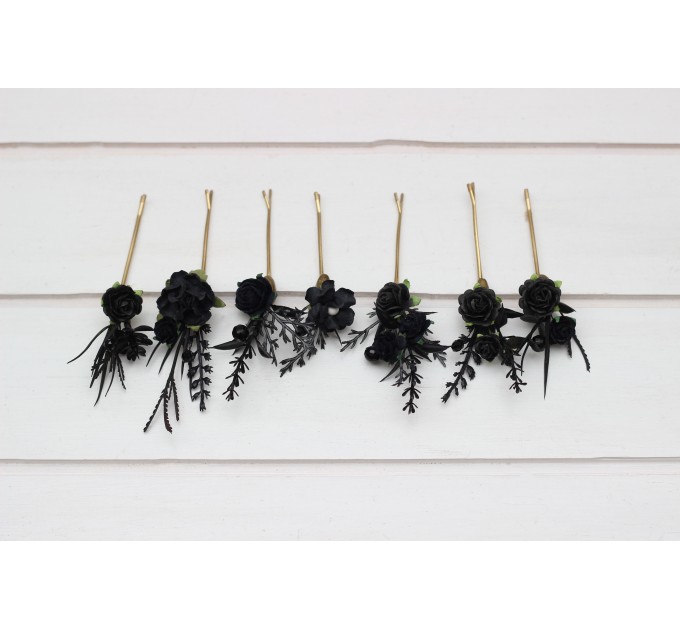 Set of 7 black hair pins. Flower hair pins. Hair accessories. Flower accessories for wedding. Bridesmaid gift. Halloween wedding. Gothic wedding. 5336