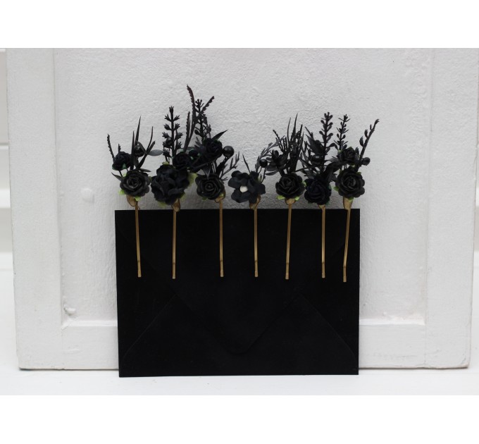 Set of 7 black hair pins. Flower hair pins. Hair accessories. Flower accessories for wedding. Bridesmaid gift. Halloween wedding. Gothic wedding. 5336