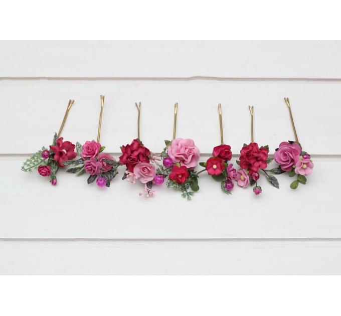 Set of 7 bobby pins in magenta pink color scheme. Flower hair pins. Hair accessories. Flower accessories for wedding. Bridesmaid gift. 5335