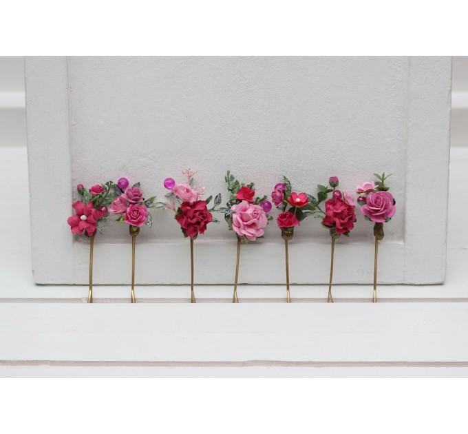 Set of 7 bobby pins in magenta pink color scheme. Flower hair pins. Hair accessories. Flower accessories for wedding. Bridesmaid gift. 5335