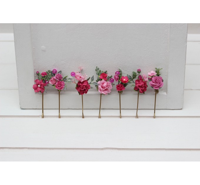 Set of 7 bobby pins in magenta pink color scheme. Flower hair pins. Hair accessories. Flower accessories for wedding. Bridesmaid gift. 5335