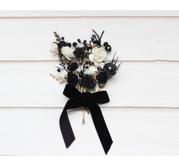 Set of 6 hair pins in black white gold color scheme. Flower hair pins. Hair accessories. Flower accessories for wedding. Bridesmaid gift. 5283-b-1