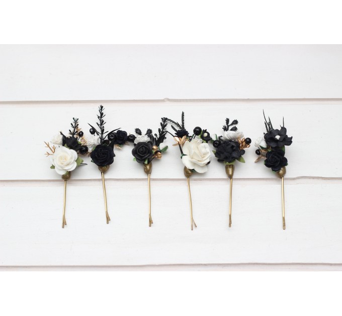 Set of 6 hair pins in black white gold color scheme. Flower hair pins. Hair accessories. Flower accessories for wedding. Bridesmaid gift. 5283-b-1