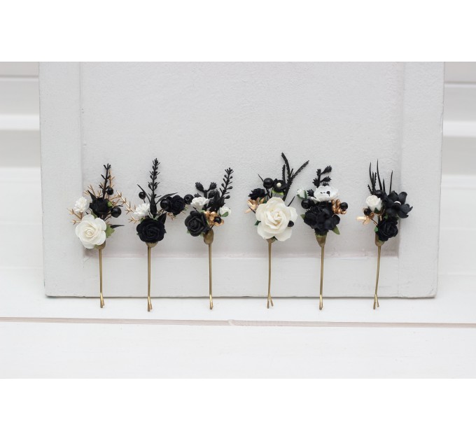 Set of 6 hair pins in black white gold color scheme. Flower hair pins. Hair accessories. Flower accessories for wedding. Bridesmaid gift. 5283-b-1