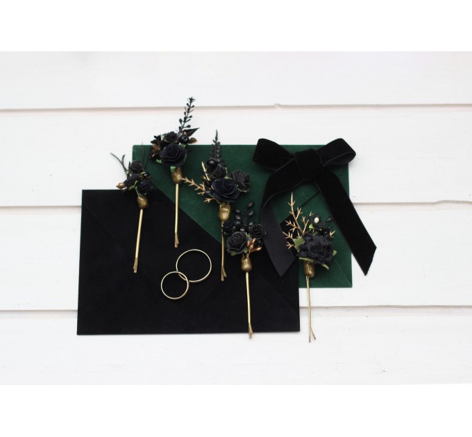 Set of 5 hair pins in black gold color scheme. Flower hair pins. Hair accessories. Flower accessories for wedding. Bridesmaid gift. 5283-b-2