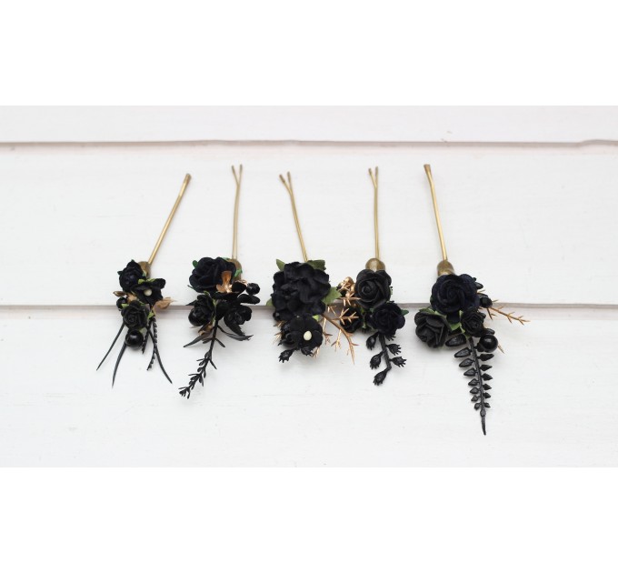 Set of 5 hair pins in black gold color scheme. Flower hair pins. Hair accessories. Flower accessories for wedding. Bridesmaid gift. 5283-b-2