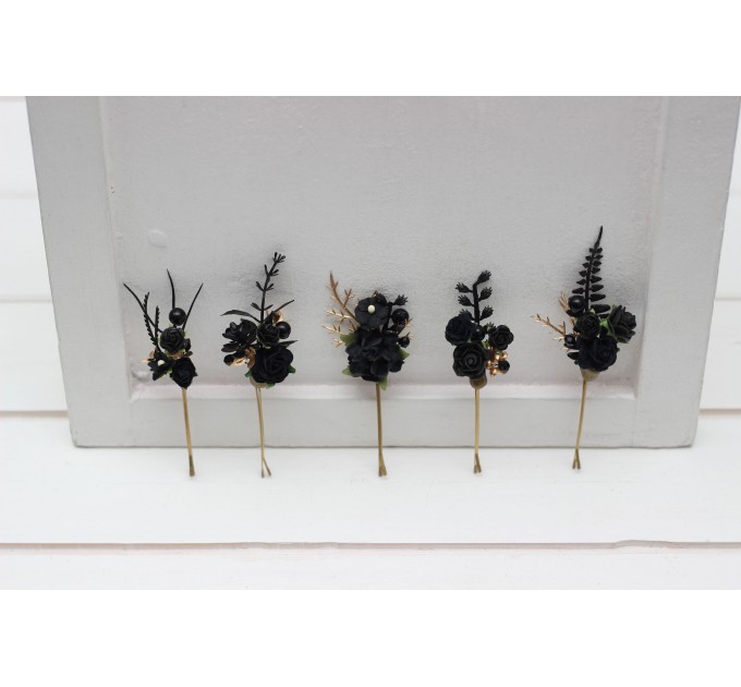 Set of 5 hair pins in black gold color scheme. Flower hair pins. Hair accessories. Flower accessories for wedding. Bridesmaid gift. 5283-b-2