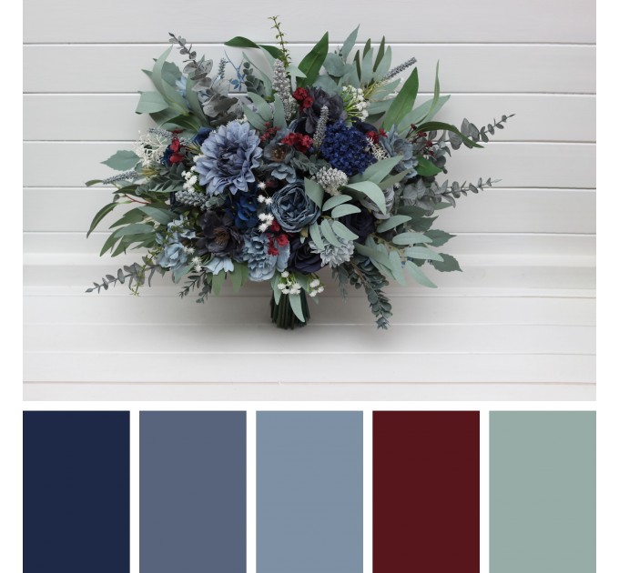 Navy Blue, Dusty Blue, Burgundy & Sage Green Wedding Bouquets | Faux Bridal & Bridesmaid Flowers