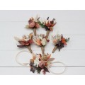 Wedding boutonnieres and wrist corsage in terracotta ivory rust orange color theme. Flower accessories. 0029 EU UK
