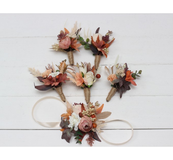 Wedding boutonnieres and wrist corsage in terracotta ivory rust orange color theme. Flower accessories. 0029 EU UK