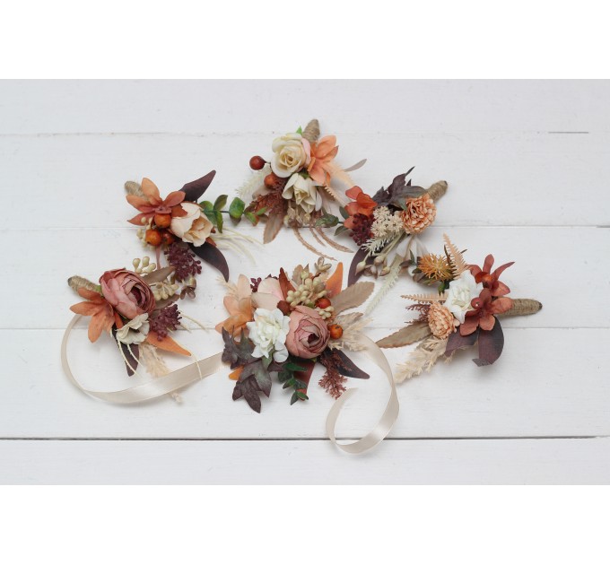 Wedding boutonnieres and wrist corsage in terracotta ivory rust orange color theme. Flower accessories. 0029 EU UK