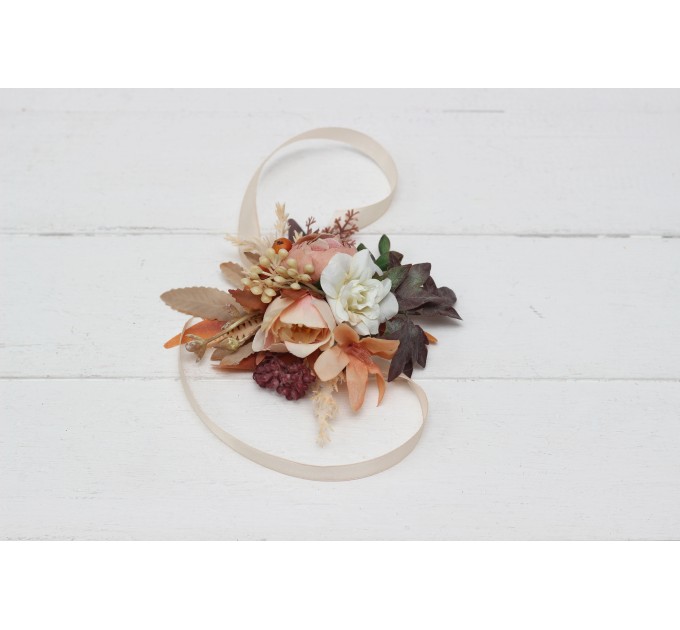 Wedding boutonnieres and wrist corsage in terracotta ivory rust orange color theme. Flower accessories. 0029 EU UK