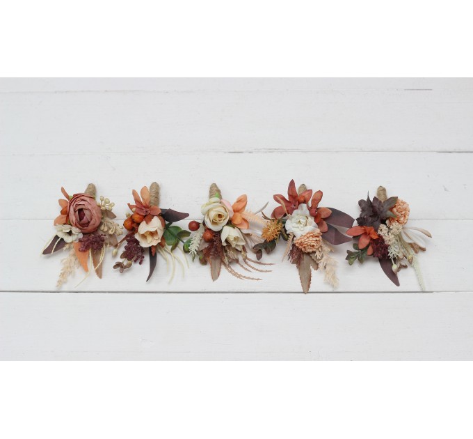Wedding boutonnieres and wrist corsage in terracotta ivory rust orange color theme. Flower accessories. 0029 EU UK