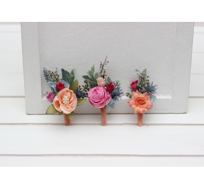 Wedding Boutonnieres & Wrist Corsage in Magenta, Peach, Coral & Dusty Blue | Faux Flower Accessories