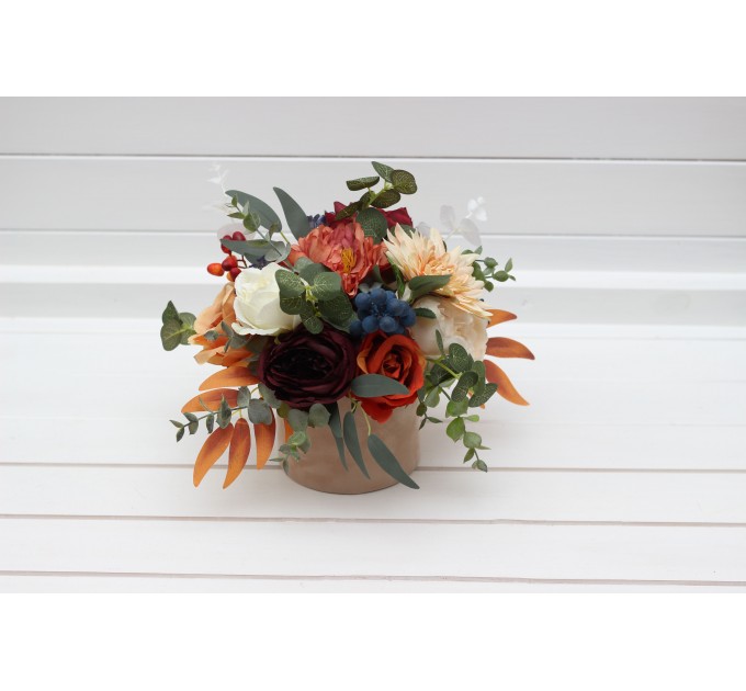 Rust navy blue ivory burgundy centerpiece. Table decor. Wedding flowers in box. 0007
