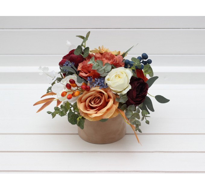 Rust navy blue ivory burgundy centerpiece. Table decor. Wedding flowers in box. 0007